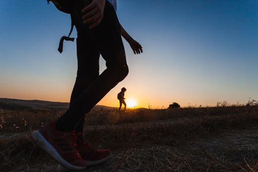 The silhouette of young people waking in a field at sunset