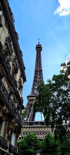 A vertical shot of the Eiffel tower and a facade of a building under the blue sky