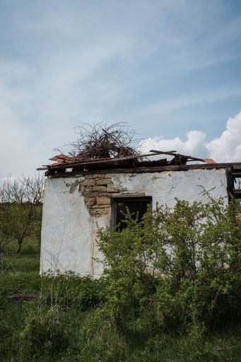 A vertical shot of an old abandoned building in the field