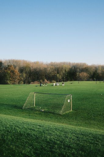 A vertical shot of a soccer field during the day