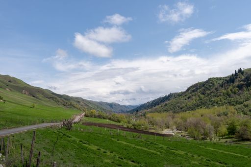 A beautiful shot of a green landscape of green grass, green trees, a road, and green hills in daylight under the cloudy sky