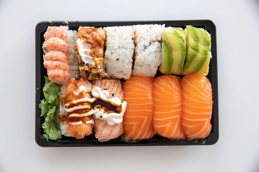A top view of an appetizing assorted sushi rolls