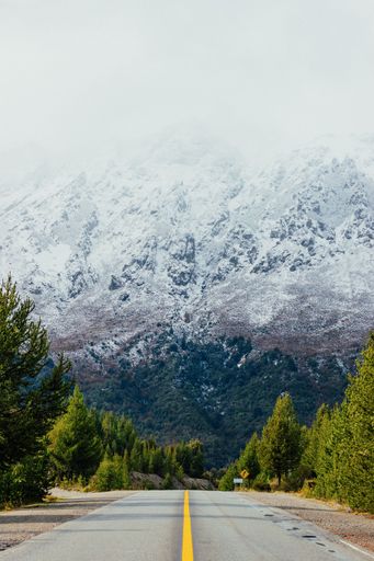 A vertical breathtaking view of an asphalt road through lush green trees leading to snowy rocky mountains