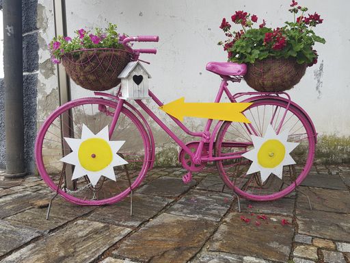 A beautiful decorative old bicycle with flowers in pots