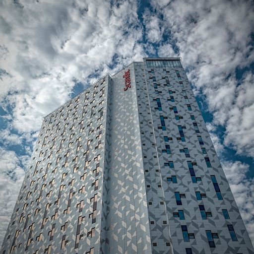 A low angle shot of one of Norway's largest congress facilities in Trondheim, Norway