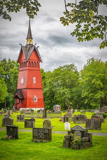 A vertical shot of the Tilfredshet chapel and the crematorium on the cemetery in Trondheim, Norway
