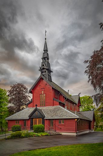 A vertical shot of the Tilfredshet chapel in Trondheim, Norway