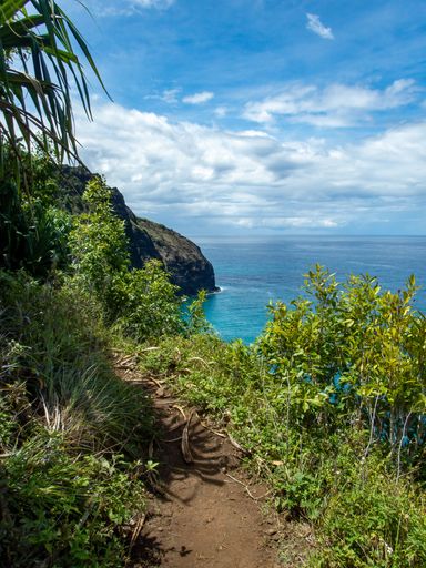 The Kalalau Trail, an 11-mile hiking and backpacking trail, on the Na Pali coast of the island of Kauai, Hawaii.