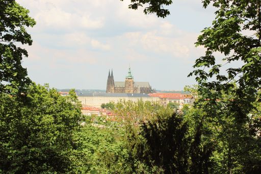 A scenic view of St. Vitus Cathedral unfolding behind the trees in Prague, Czechia