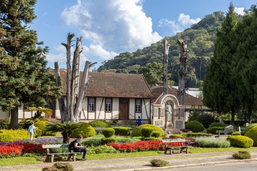 Nova Petropolis, Rio Grande do Sul, Brazil - Apr 19th, 2022: Theodor Amstad Square at Linha Imperial village, rural area of Nova Petropolis