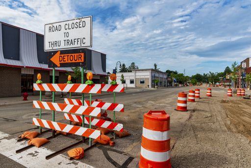 GRAND LEDGE, MI - June 21: View of North Bridge Street during road construction in Grand Ledge, MI on June 21, 2020