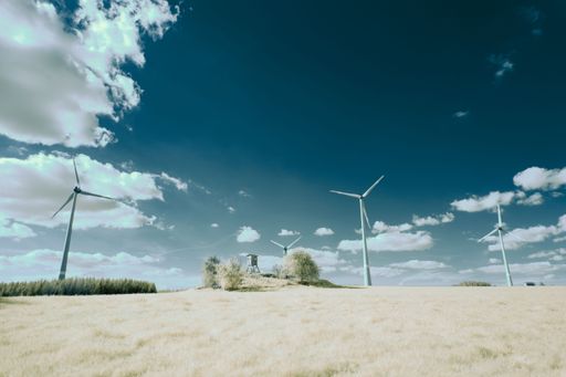 An infrared shot of a field with wind turbines and trees under the cloudy sky