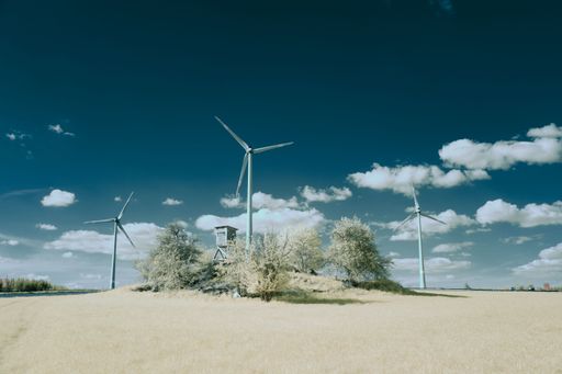An infrared shot of a field with wind turbines and trees under the cloudy sky