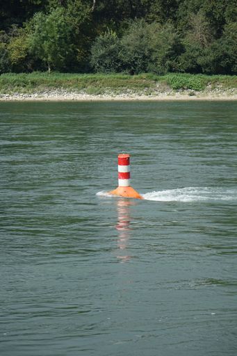 A vertical shot of floating orange and white buoy in the lake