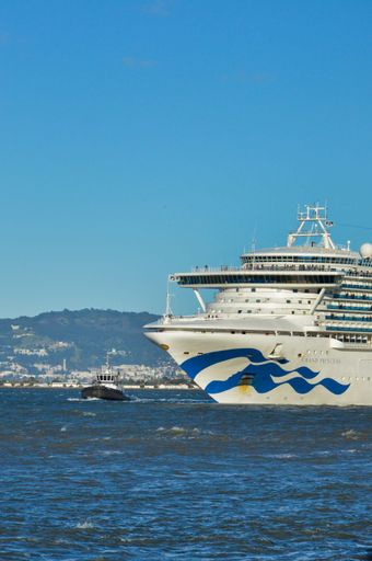A vertical shot of a big ship named Princess near tow boat in the ocean