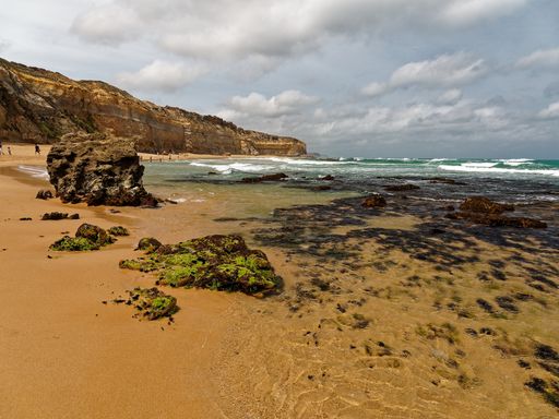 Gibsons Steeps Beach amazing Seaside Cliffs with golden sand along the Shipwreck coast,  Twelve Apostles Marine Park,  Port Campbell. Australia.