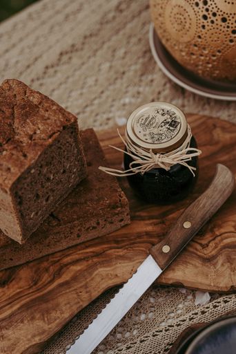 A closeup of a Homemade breakfast and jam in a country house