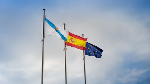 Galician, Spanish and European flag in the court of Pontevedra in Galicia