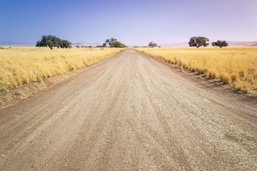 A landscape shot of the road leading towards a rural area on a sunny day