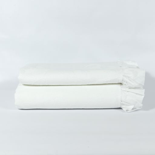 A closeup shot of a white textured bed cover set on a white background