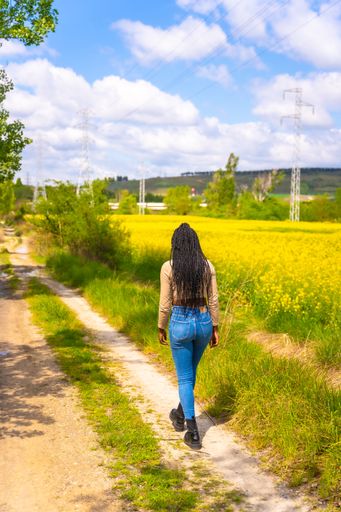 A young African-American female with braids walking near a bright yellow field of rapeseed