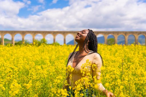 A young beautiful African-American female with braids in a bright yellow field of rapeseed