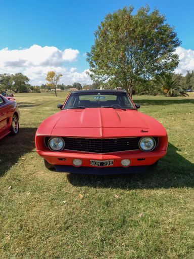 Old red sport Chevrolet Camaro LS7 coupe First Generation 1969 by GM in the countryside. Nature, grass, trees. Classic muscle car.