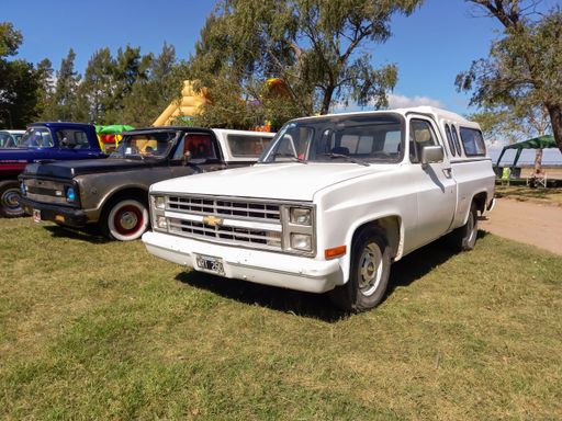 Old white Chevrolet Chevy C10 pickup truck 1980s with removable top on bed. Green grass nature. Utility or farming tool. Classic car show. Copyspace