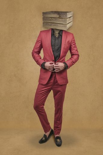 A vertical shot of a male figure wearing a red suit with a box on his head