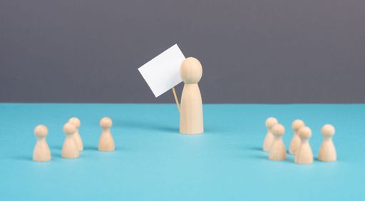 Group of people, teacher with children, manager recruiting workers, standing out from the crowd, teamwork and leadership, man holds empty sign