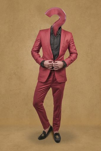 A vertical shot of a male figure wearing a red suit with a question mark on his head
