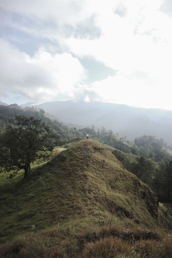 A vertical shot of a beautiful landscape with green hills and cloudy sky