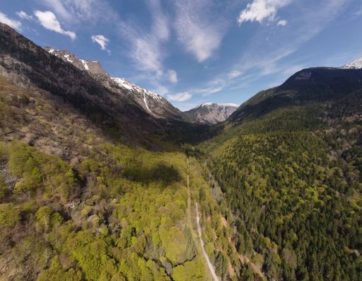 A bird's eye view of mountains covered with green forests under a cloudy blue sky