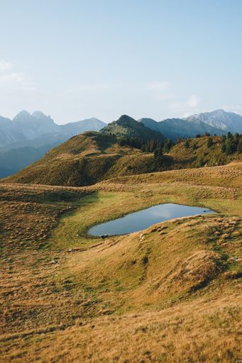 A beautiful shot of a small lake on a mountainous landscape