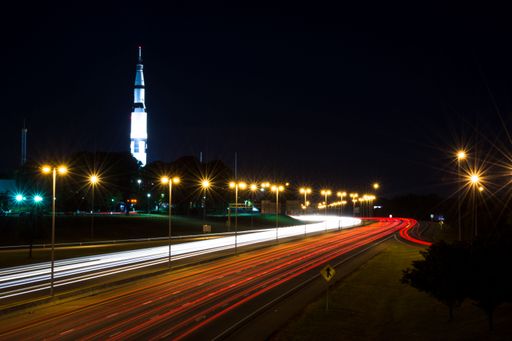 The United States Space & Rocket Center with colorful street lights  in Huntsville, Alabama
