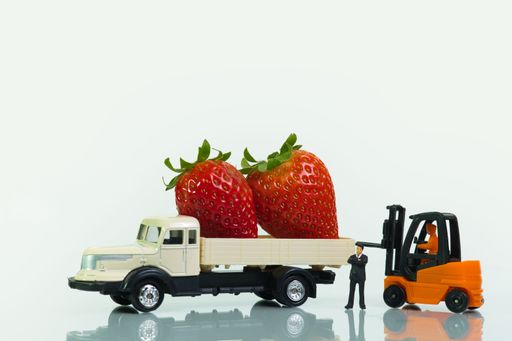 a businessman, entrepreneur stands in front of a truck loaded with strawberries, concept: trade in healthy raw food