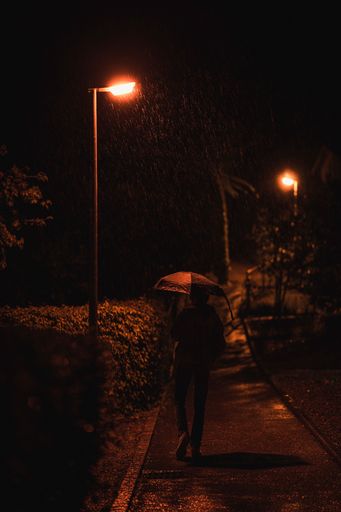 A rear view of a man with an umbrella walking on the street during the raining