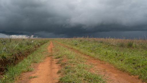 A narrow road in a green grassy field under storm clouds
