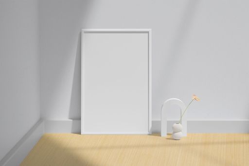 A modern interior design on white wall background with a blank frame for copy space
