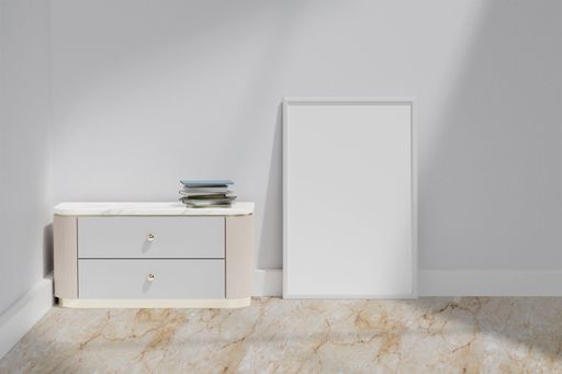 A modern interior design on white wall background with a blank frame for copy space