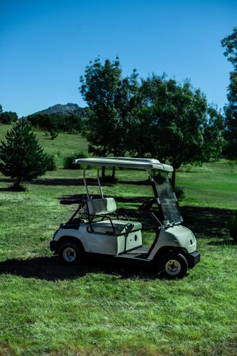 A vertical shot of a white golf car on a golf course in the daylight