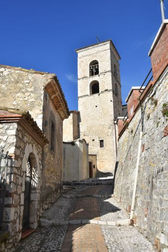 A vertical shot of the historic bell tower of the Veroli Cathedral, village of Lazio region, Italy