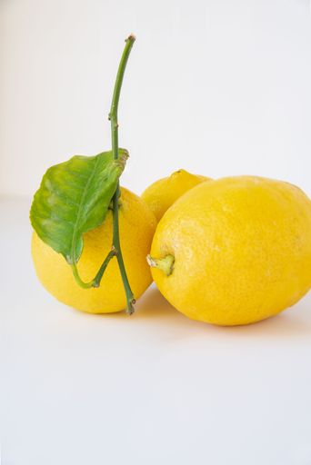 A vertical shot of lemons isolated on a white background