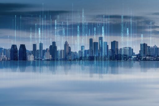 abstract cityscape with numbers transmitted to sky. big data, network concept.