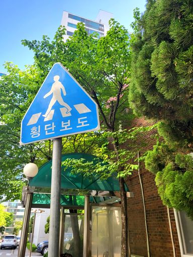 Blue and white road sign against a bus stop and trees,
translation: pedestrian crossing