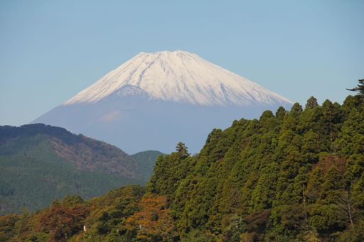 Mount Fuji seen from lake Ashinoko in Hakone on a clear day in fall