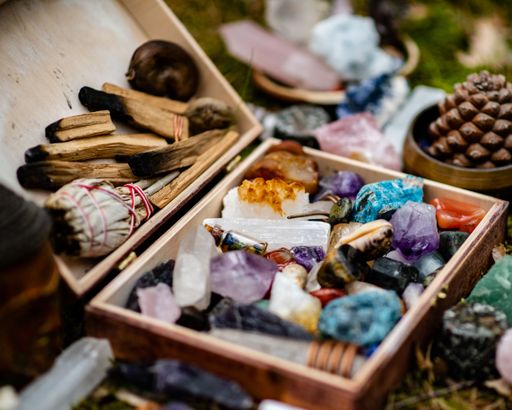 A closeup shot of healing mineral crystal stones in a box