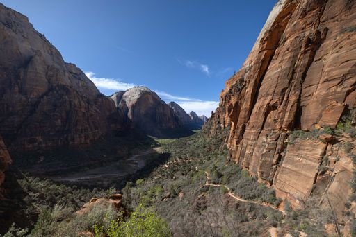The Angels Landing Trail, beautiful views over the Virgin River canyon, Zion National Park, Utah, USA.
