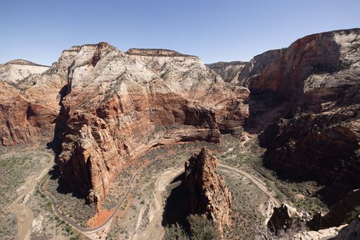 a drone view of The Angels Landing Trail, beautiful landscape over the Virgin River canyon, Zion National Park, Utah, USA.