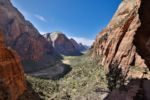 The Angels Landing Trail, beautiful views over the Virgin River canyon, Zion National Park, Utah, USA.